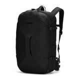Pacsafe EXP45 anti-theft travel backpack in black with multiple compartments and padded shoulder straps for secure carry-on travel.