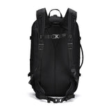 Black Pacsafe EXP45 travel backpack with anti-theft features, designed for carry-on luggage and organized travel.