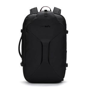 Pacsafe EXP45 black anti-theft carry-on travel backpack with multiple compartments and padded shoulder straps.