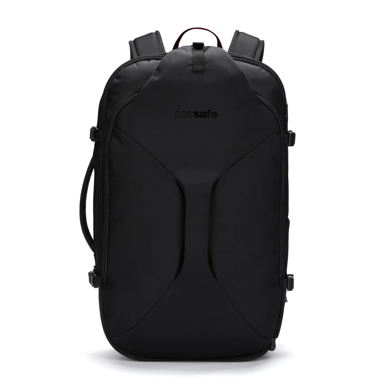 Pacsafe EXP45 black anti-theft carry-on travel backpack with multiple compartments and padded shoulder straps.