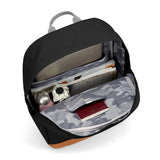 Pacsafe GO 25L anti-theft travel backpack in Jet Black with multiple compartments and padded shoulder straps.