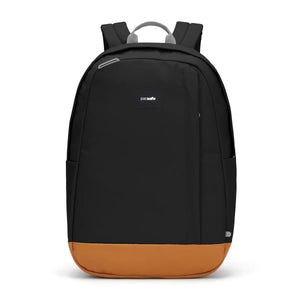 Pacsafe GO 25L anti-theft travel backpack in jet black with secure zipper closures and padded straps.