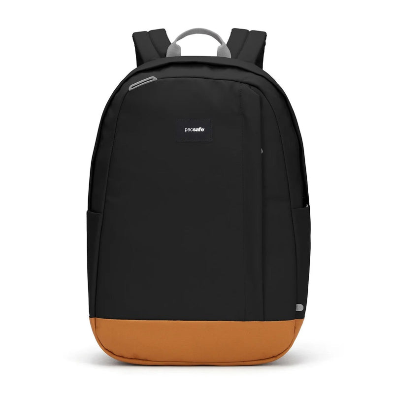 Pacsafe GO 25L anti-theft travel backpack in jet black with secure zipper closures and padded straps.