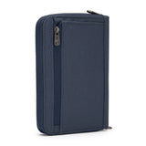 Pacsafe RFIDsafe™ compact travel wallet in coastal blue with multiple card slots and RFID blocking features.