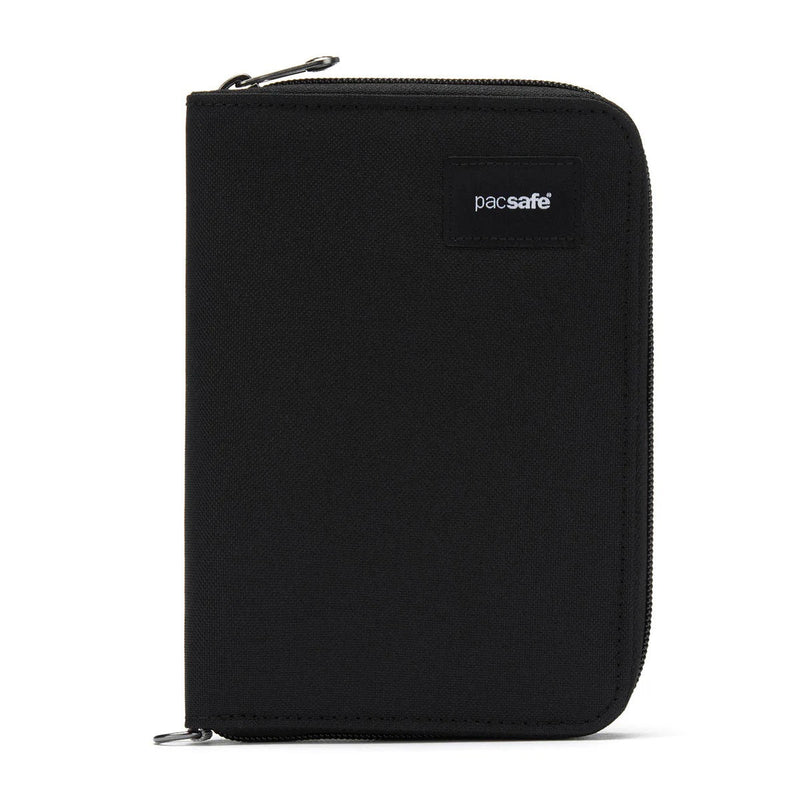 Pacsafe RFIDsafe RFID blocking travel wallet organizer in compact design, with multiple card slots and secure zipper closure.
