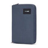 Pacsafe RFID blocking travel wallet with multiple compartments, compact design, and secure zippers for organizing travel essentials.