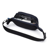 Pacsafe V anti-theft waist pack in ocean blue with multiple compartments and adjustable strap, designed for secure carrying.