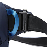 Pacsafe V Anti-Theft Hip Pack in ocean blue, a compact waist pack with secure zippers and adjustable strap for travel security.