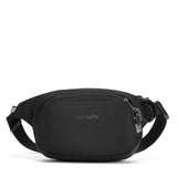 Black Pacsafe Vibe-100 Hip Pack waist bag with adjustable strap and multiple compartments for secure, hands-free carrying.