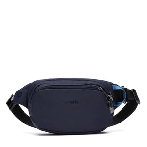 Pacsafe V Anti-Theft Hip Pack waist pack in ocean blue fabric with secure zipper and adjustable strap for travel security.
