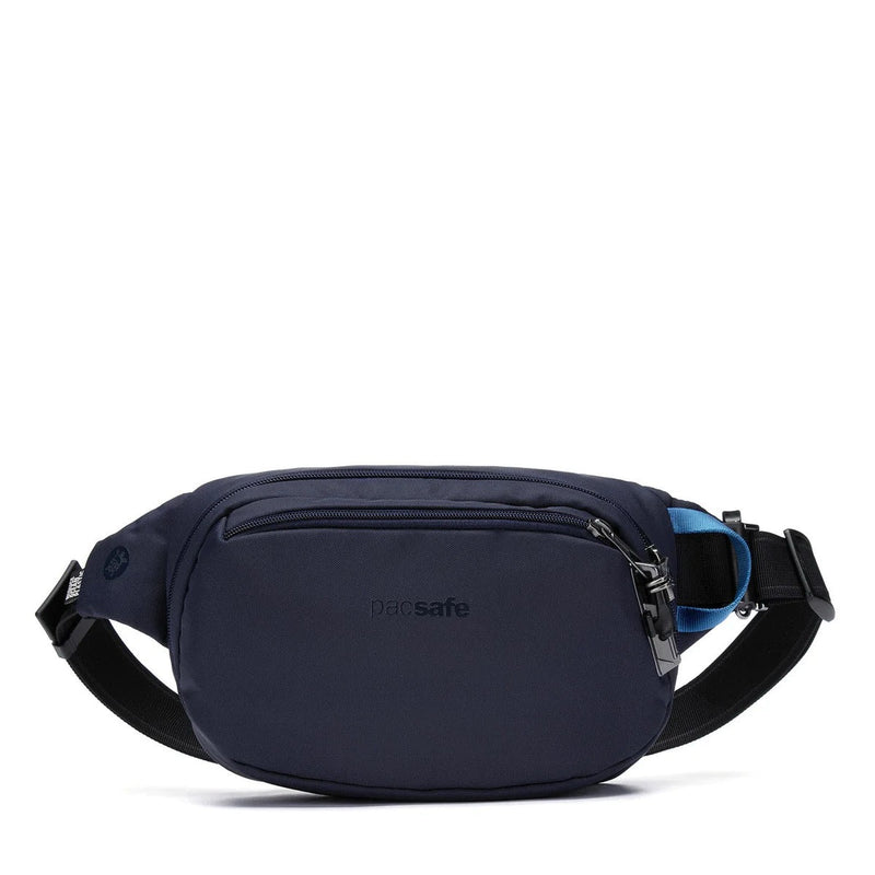 Pacsafe V Anti-Theft Hip Pack waist pack in ocean blue fabric with secure zipper and adjustable strap for travel security.