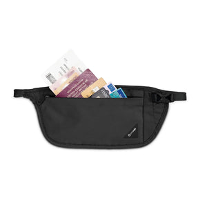 Black Pacsafe Coversafe V100 RFID blocking waist pouch with secure zipper and adjustable strap for travel security.