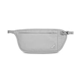 Pacsafe Coversafe V100 RFID blocking waist pouch wallet with secure zipper and adjustable strap for travel security and convenience.