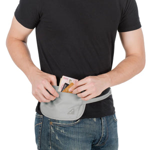 Grey Pacsafe Coversafe X100 RFID blocking security waist pouch with zipper closure and adjustable strap, designed for safe travel.