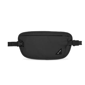 Pacsafe Coversafe X100 RFID blocking security waist pouch with adjustable strap and compact design for secure travel storage.