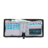 Pacsafe RFIDsafe Z100 RFID blocking bifold wallet with multiple card slots and secure design, shown open with cards inside.