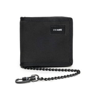 Pacsafe RFIDsafe Z100 RFID blocking bifold wallet with multiple card slots and secure design for men's or women's use.
