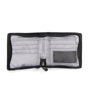 Pacsafe RFIDsafe Z100 RFID blocking bifold wallet in black with multiple card slots and secure cash compartment.