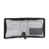 Pacsafe RFIDsafe Z100 RFID blocking bifold wallet in black with multiple card slots and secure cash compartment.