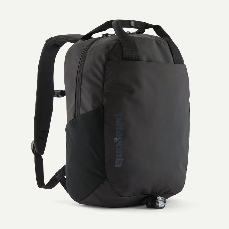Black Patagonia Atom Tote Pack 20L backpack with multiple compartments and padded shoulder straps for daily use.