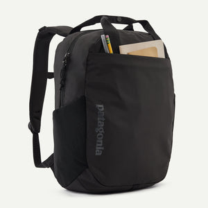 Black Patagonia Atom Tote Pack 20L backpack with multiple compartments and adjustable straps, suitable for daily use and travel.