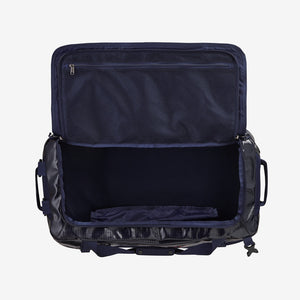 Patagonia Black Hole 55L duffel bag open showing spacious interior and durable black fabric, ideal for travel and outdoor use.