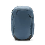 Peak Design 45L Travel Backpack in ocean blue, showcasing its spacious design, sturdy straps, and organized compartments.