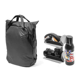 Black Peak Design Everyday Totepack 20L with multiple compartments and padded shoulder straps, shown from the side.