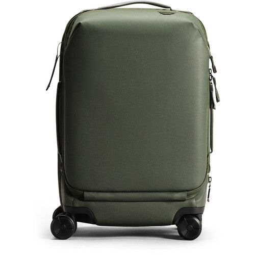 Peak Design Roller Pro Carry-On luggage in sage color, showing the sleek, durable carry-on bag with wheels and handle.