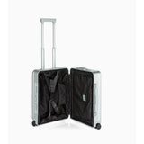 Porsche Design Roadster aluminum carry-on luggage with sleek silver case, sturdy handle, and wheels for easy travel.