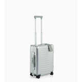 Porsche Design Bric's Roadster aluminum carry-on luggage with sleek silver exterior and sturdy handle.