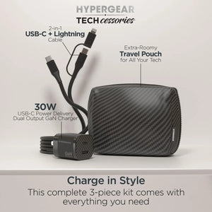 HyperGear 30W USB-C PD charging kit with carbon fiber travel pouch, compact and portable for on-the-go device charging.