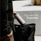 Black Purist Traveler 25oz Union water bottle, durable stainless steel with a sleek design and secure lid.