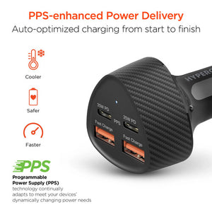 HyperGear SpeedBoost 77W quad-port car charger with dual 30W USB-C PD PPS ports, shown with multiple charging ports on the device.