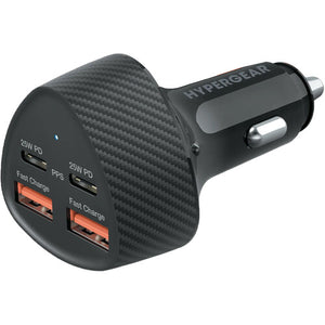 HyperGear SpeedBoost 77W car charger with four ports including dual 30W USB-C PD PPS ports for fast device charging.