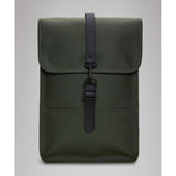 Rains Mini backpack in black with adjustable straps and front zipper pocket, waterproof nylon material, compact and stylish.