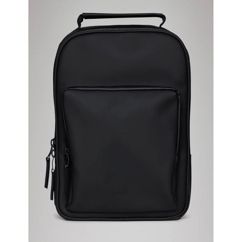 Black Rains Book Daypack with adjustable straps and front pocket, made from waterproof material for everyday use.