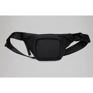 Black Rains micro bum bag with adjustable strap and compact design, perfect for carrying essentials.