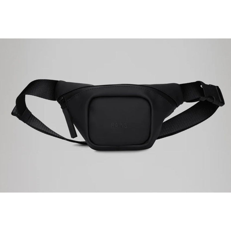 Black Rains micro bum bag with adjustable strap and compact design, perfect for carrying essentials.