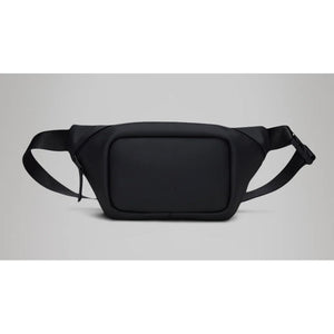 Black Rains mini bum bag with adjustable strap and zippered compartments, perfect for casual wear and storage.