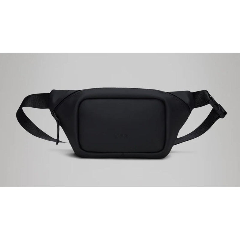 Black Rains mini bum bag with adjustable strap and zippered compartments, perfect for casual wear and storage.