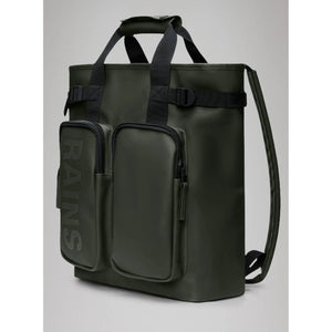 Rains Texel Tote Bag in waterproof black material with sturdy handles and minimalist design for everyday use.