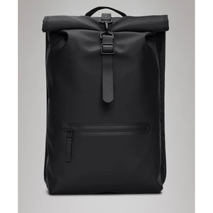 Grey Rains Rolltop Rucksack showing adjustable straps and spacious main compartment, designed for stylish, waterproof storage.