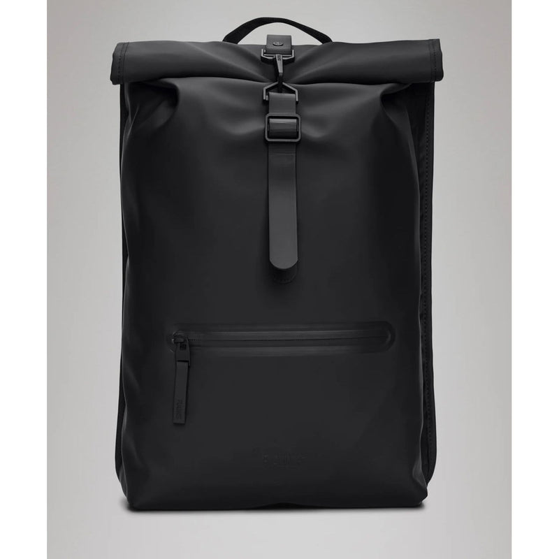 Grey Rains Rolltop Rucksack showing adjustable straps and spacious main compartment, designed for stylish, waterproof storage.