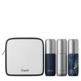 S'well travel bottle set with blue reusable water bottles and accessories, designed for on-the-go hydration.