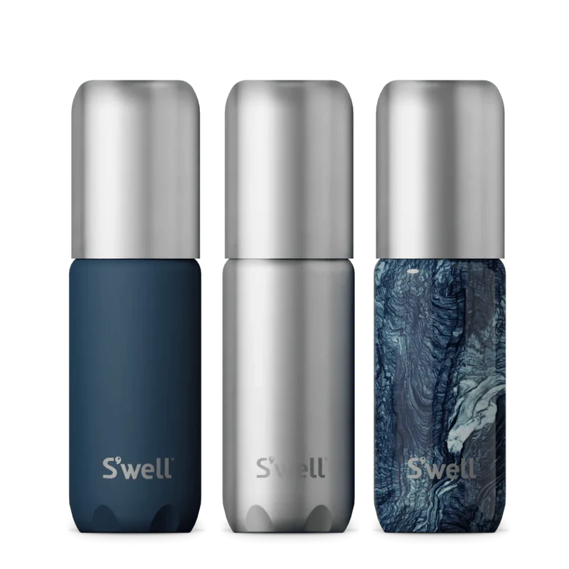 S'well travel bottle set with blue accessories, featuring sleek stainless steel bottles designed for hydration on the go.