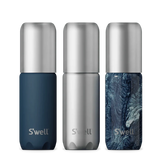 S'well travel bottle set with blue accessories, featuring sleek stainless steel bottles designed for hydration on the go.