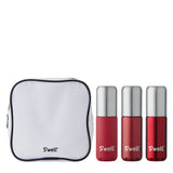 S'well travel bottle set with multiple blue insulated bottles, designed for keeping beverages hot or cold on the go.
