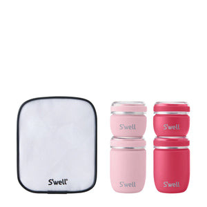 S'well Travel Pod Set of pink accessories for organizing bottles and liquids, designed for stylish travel convenience.