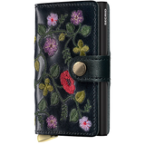 Secrid Premium Miniwallet with black stitch floral design, front view showing compact leather wallet with floral pattern.